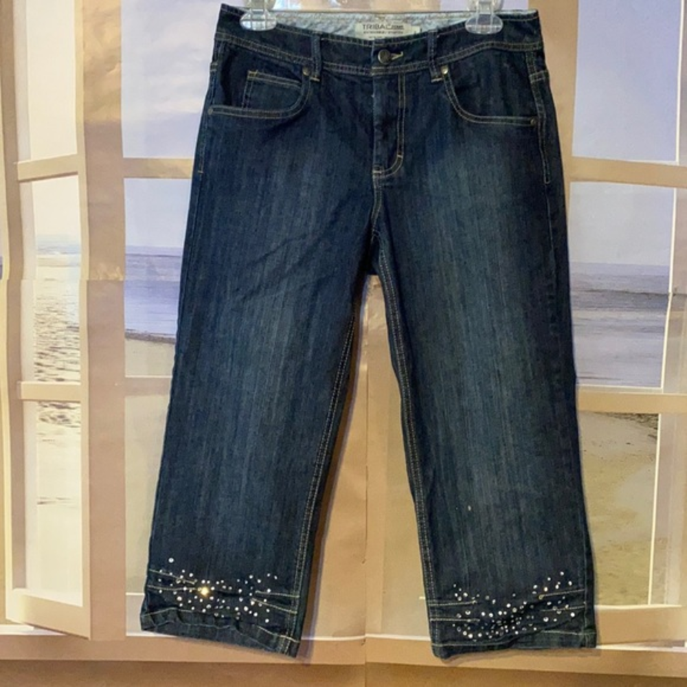 Tribal Jeans Size 2 Rhinestone Ruched Hem Stretch Denim Capris